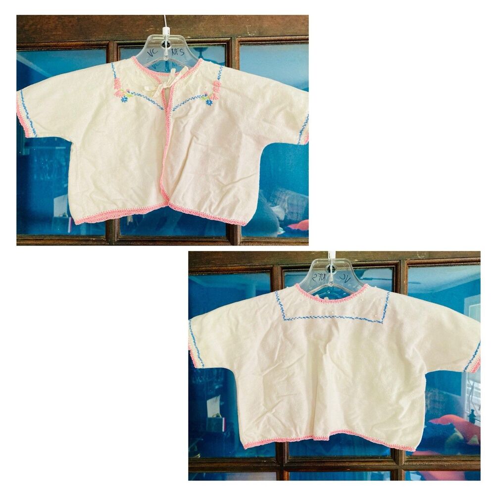 Ca 1950s Baby Jacket Kimono Embroidered Tea Towel Style Cotton Flannel Hippie